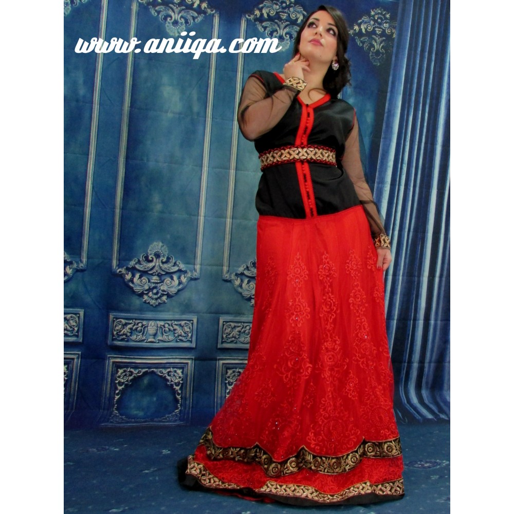 Caftan marocain moderne noir et rouge