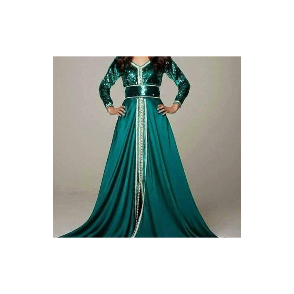 caftan marocain vert émeraude , sequin et mousseline 