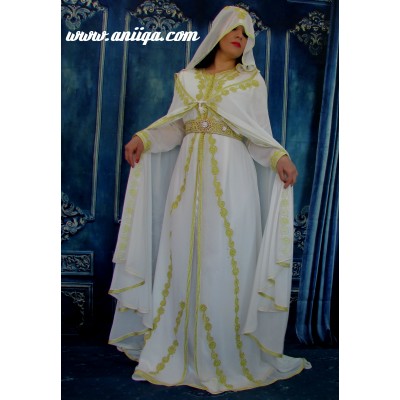 caftan mariée blanc et or 2018/2019 , caftan simple avec cape 2018/2019, takchita marocaine mariée 2018/2019