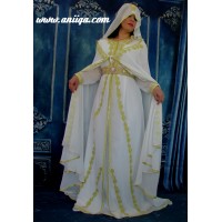 caftan mariée blanc et or 2018/2019 , caftan simple avec cape 2018/2019, takchita marocaine mariée 2018/2019