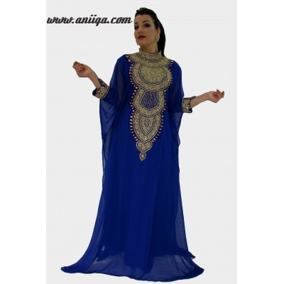 Robe de soirée orientale dubai luxe bleu roi et doré