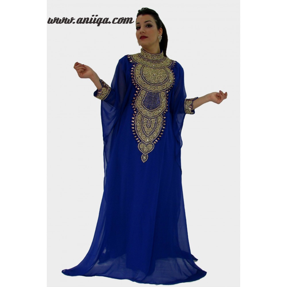 Robe de soirée orientale dubai luxe bleu roi et doré