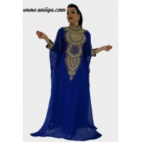 Robe de soirée orientale dubai luxe bleu roi et doré