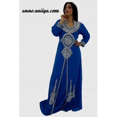 Robe de soirée orientale moderne , bleu et argent 