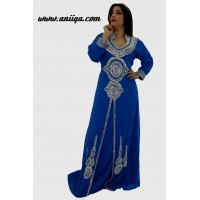 Robe de soirée orientale moderne , bleu et argent 