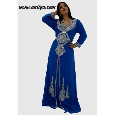 Robe de soirée orientale moderne , bleu et argent 