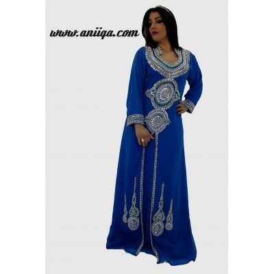 Robe de soirée orientale moderne , bleu et argent 