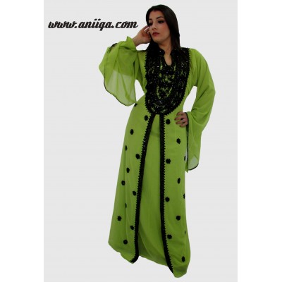 Robe de soirée orientale vert anis et noir