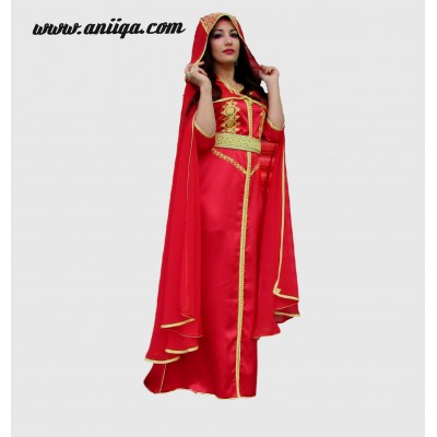 Takchita marocaine de mariage rouge et doré avec cape , burnous