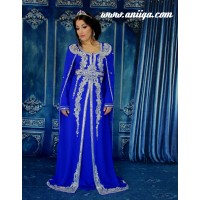 caftan moderne bleu roi et argent avec cape intégrée , robe de soirée orientale tendance et chic modèle 2016 