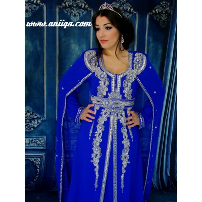 caftan moderne bleu roi et argent avec cape intégrée , robe de soirée orientale tendance et chic modèle 2016 