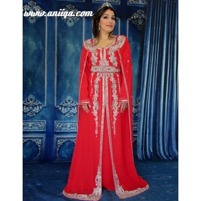 caftan tendance style robe de soirée avec cape , rouge et argent modèle chic 2016