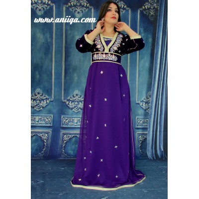 Caftan marocain moderne manches 3/4 en velours et mousseline , violet , modèle 2018/2019