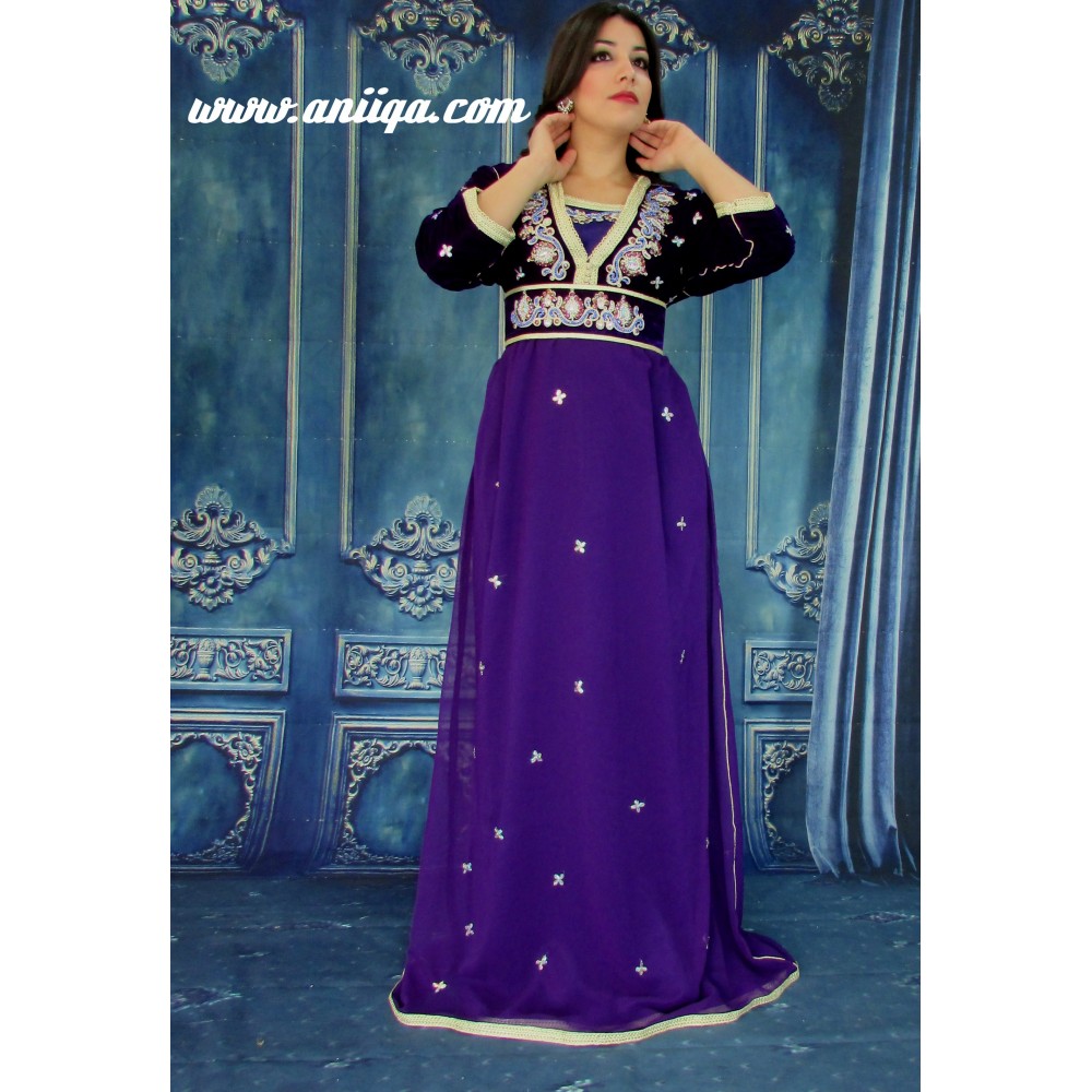 Caftan marocain moderne manches 3/4 en velours et mousseline , violet , modèle 2018/2019