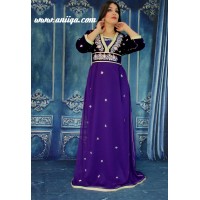 Caftan marocain moderne manches 3/4 en velours et mousseline , violet , modèle 2018/2019