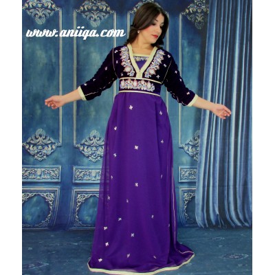 Caftan marocain moderne manches 3/4 en velours et mousseline , violet , modèle 2018/2019