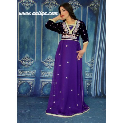 Caftan marocain moderne manches 3/4 en velours et mousseline , violet , modèle 2018/2019