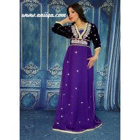 Caftan marocain moderne manches 3/4 en velours et mousseline , violet , modèle 2018/2019