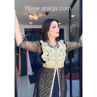 caftan marocain moderne 2018/2019  noir et or, dentelle et satin de soie, broderies et perles dorés