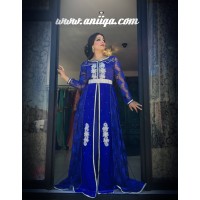 caftan tendance bleu roi  perlé en argent, coupe cloche moderne et chic 2018/2019 , dentelle et mousseline de soie,