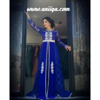 caftan tendance bleu roi  perlé en argent, coupe cloche moderne et chic 2018/2019 , dentelle et mousseline de soie,