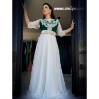 caftan style robe de soirée 2018/2019 , vert et blanc, coupe cloche tendance  , haut en velours , jupon en mousseline  
