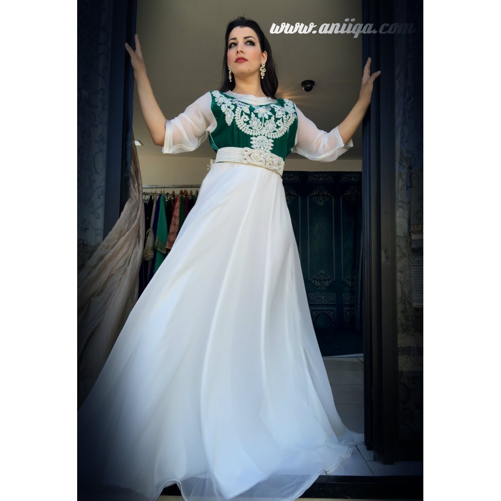 caftan style robe de soirée 2018/2019 , vert et blanc, coupe cloche tendance  , haut en velours , jupon en mousseline  