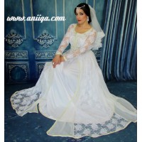 caftan takchita de mariée blanche , dentelle et mousseline , perlée en argent , coupe cloche tendance, moderne 2016