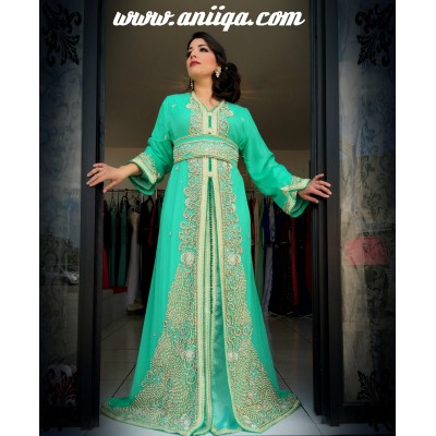 caftan sari marocain vert de mariage, takchita sari de mariée vert d'eau , moderne 2018/2019