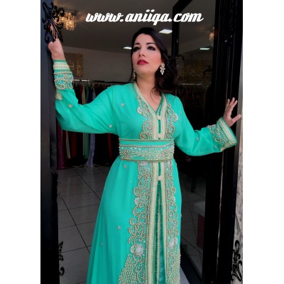 caftan sari marocain vert de mariage, takchita sari de mariée vert d'eau , moderne 2018/2019