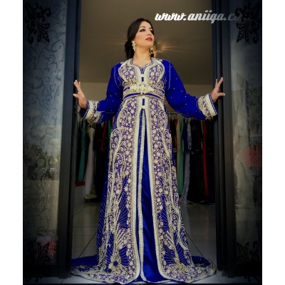 caftan takchita sari bleu roi , modele 2018/2019 , sari marocain moderne, 