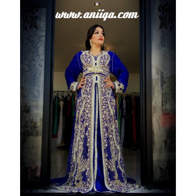 caftan takchita sari bleu roi , modele 2018/2019 , sari marocain moderne, 