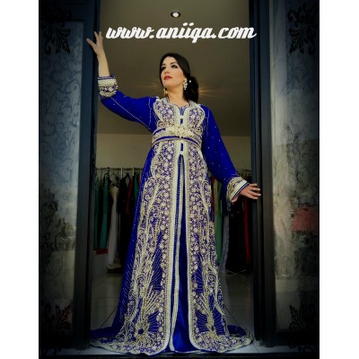 caftan takchita sari bleu roi , modele 2018/2019 , sari marocain moderne, 