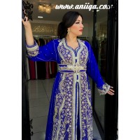 caftan takchita sari bleu roi , modele 2018/2019 , sari marocain moderne, 