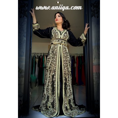 caftan marocain sari noir 2018/2019, takchita sari  marocain noir moderne