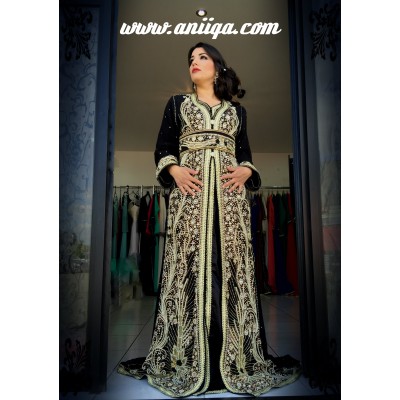 caftan marocain sari noir 2018/2019, takchita sari  marocain noir moderne