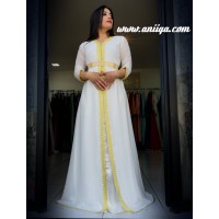 caftan mariage 2018, caftan blanc et doré de fiancailles , caftan mariée 2018, caftan blanc 