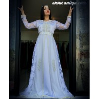 caftan blanc et argent de mariée orientale, takchita blanche blanche et argent de mariage , dentelle et mousseline ,  