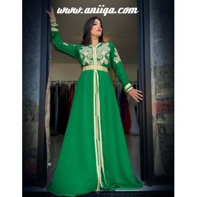 caftan vert  henna, perlé et brodé , robe orientale pour henné 