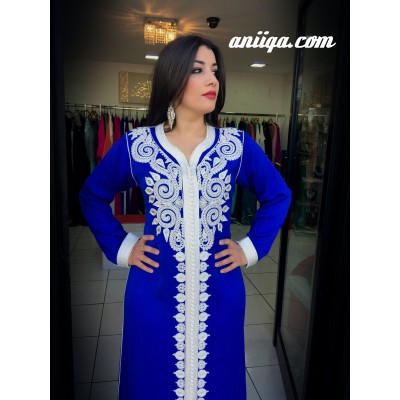 caftan simple sans ceinture blau roi et argent modele 2016