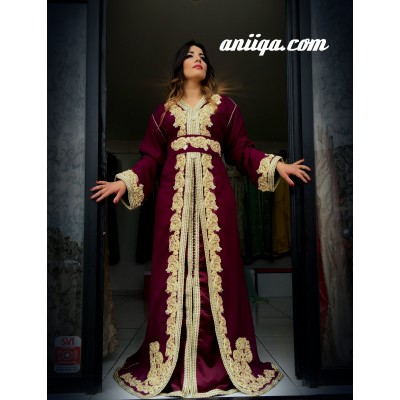 Caftan / takchita grande taille prune et doré, modèle 2016, mousseline et satin de soie,