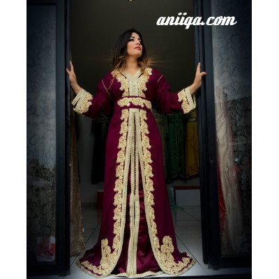 Caftan / takchita grande taille prune et doré, modèle 2016, mousseline et satin de soie,