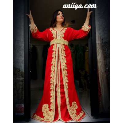 Robe marocaine 2016 grande taille rouge, brodé et perlé , mousseline et satin , 