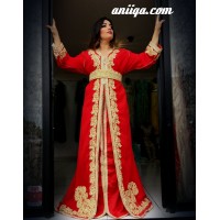 Robe marocaine 2016 grande taille rouge, brodé et perlé , mousseline et satin , 