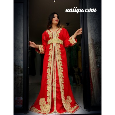 Robe marocaine 2016 grande taille rouge, brodé et perlé , mousseline et satin , 