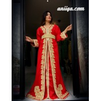 Robe marocaine 2016 grande taille rouge, brodé et perlé , mousseline et satin , 