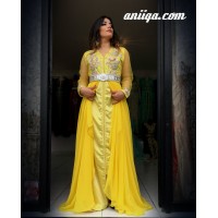 caftan marocain 2018 jaune perlé en argent, mousseline et satin , manche en tulle , style robe de soirée orientale