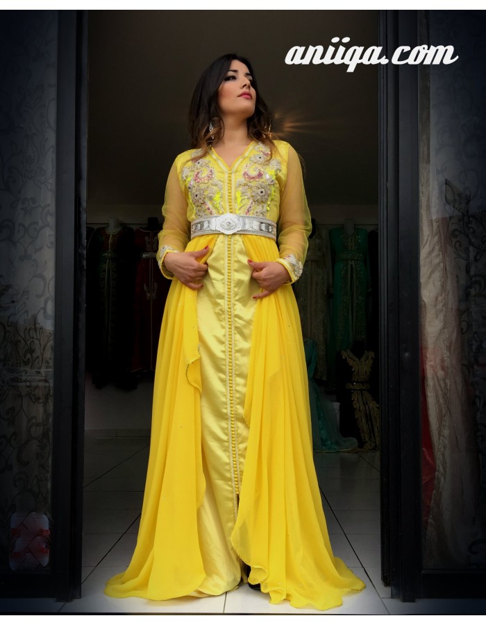 caftan marocain 2018 jaune perlé en argent, mousseline et satin , manche en tulle ,. Loading zoom