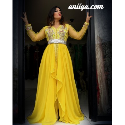 caftan marocain 2018 jaune perlé en argent, mousseline et satin , manche en tulle , style robe de soirée orientale