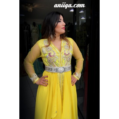 caftan marocain 2018 jaune perlé en argent, mousseline et satin , manche en tulle , style robe de soirée orientale